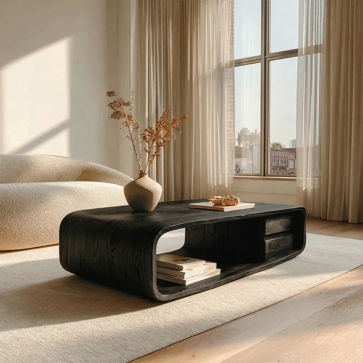 Modern Natural Solid Wood Coffee Table with Drawer and Open Shelf - Rustiracraft 