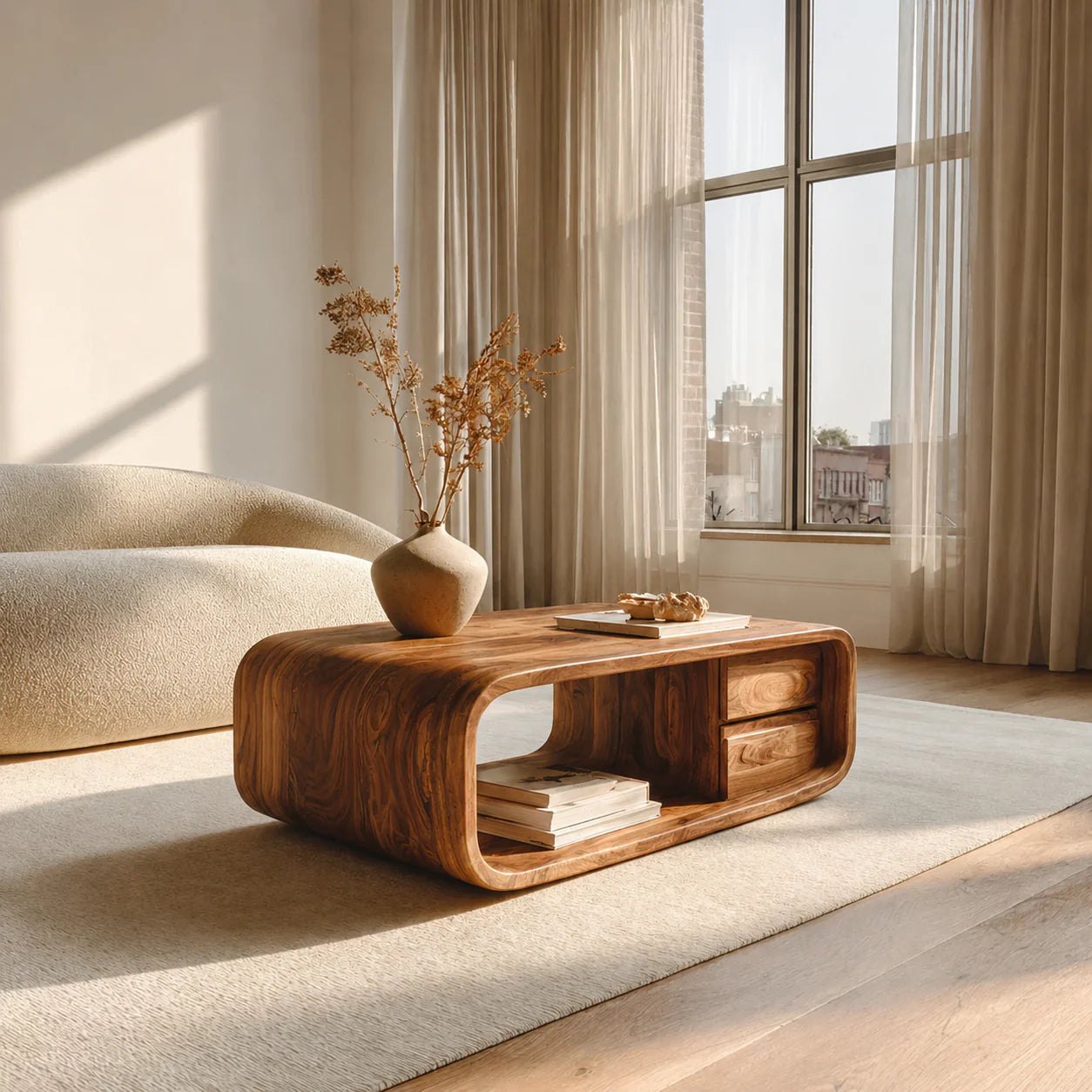 Modern Natural Solid Wood Coffee Table with Drawer and Open Shelf - Rustiracraft