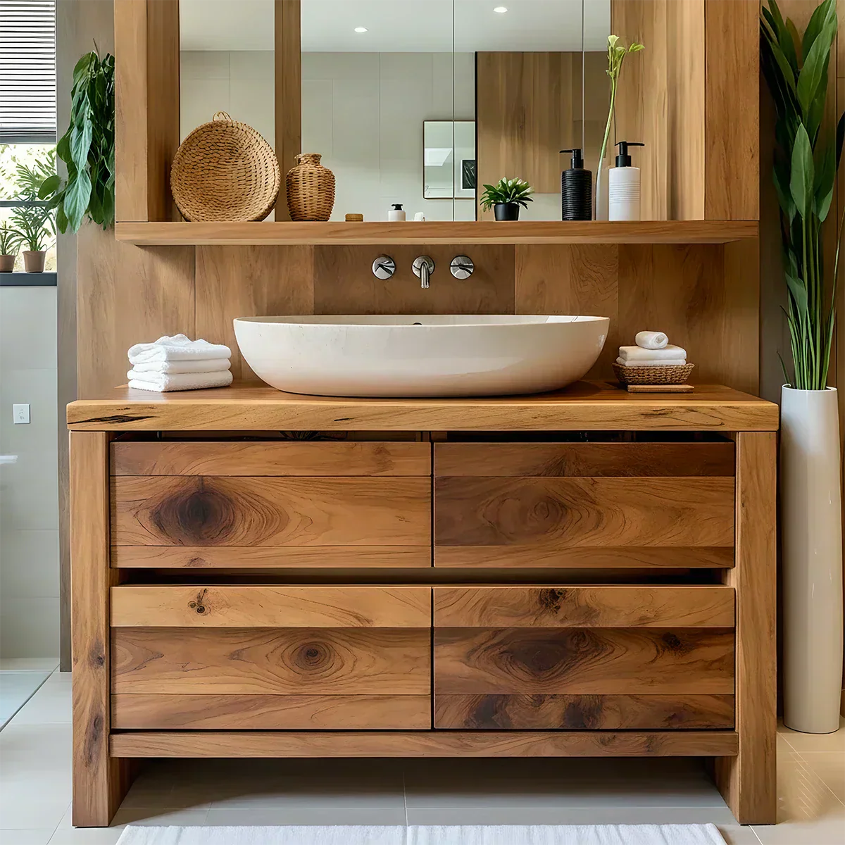 Modern Natural Solid Wood Vanity with Wide Grain Drawers - Rustiracraft 