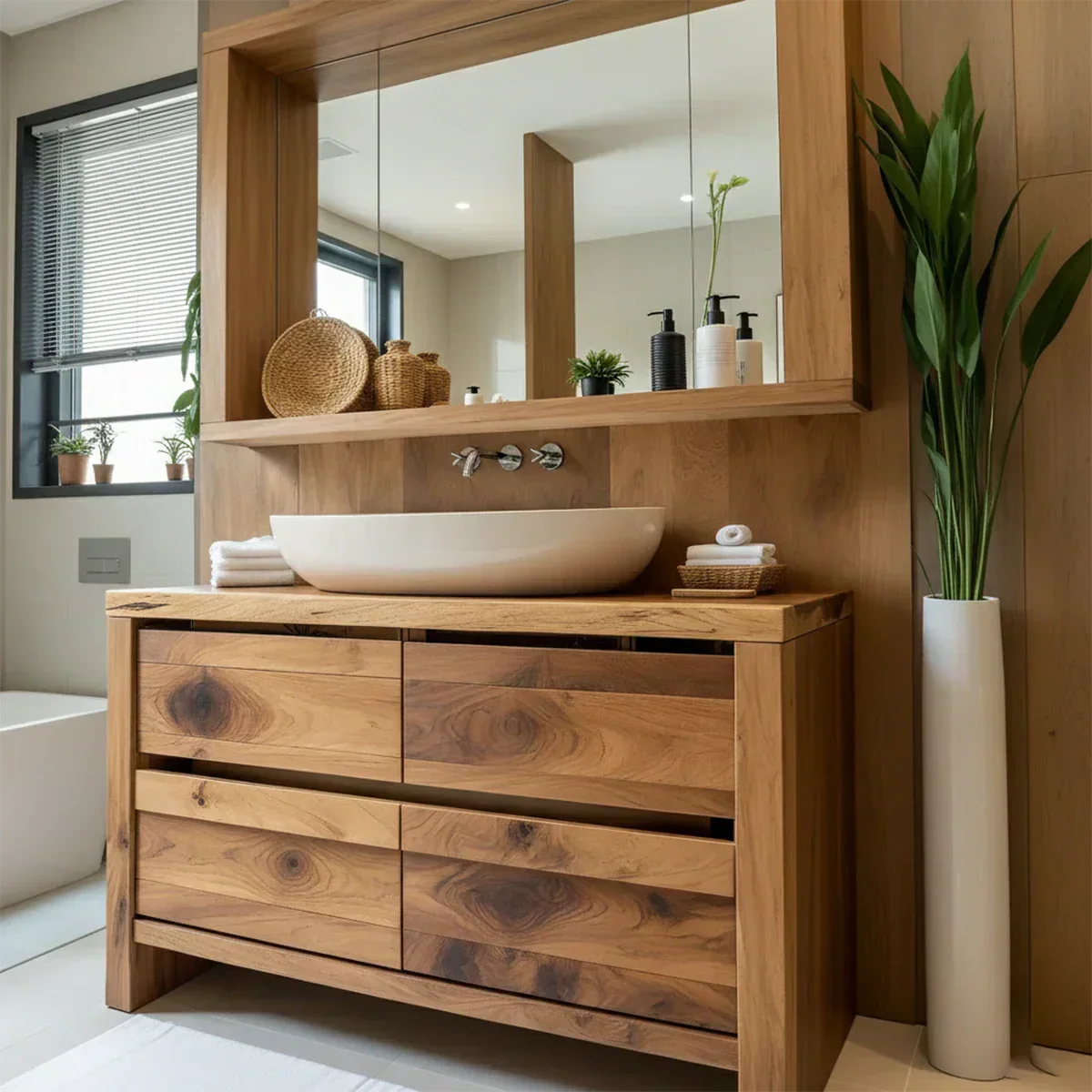 Modern Natural Solid Wood Vanity with Wide Grain Drawers - Rustiracraft 