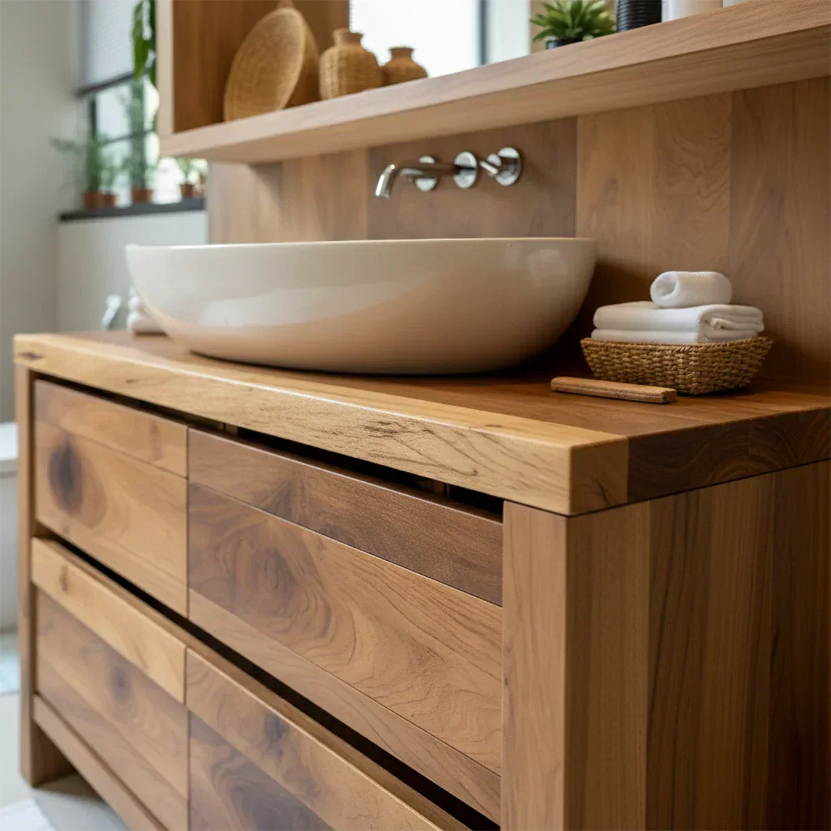 Modern Natural Solid Wood Vanity with Wide Grain Drawers - Rustiracraft 