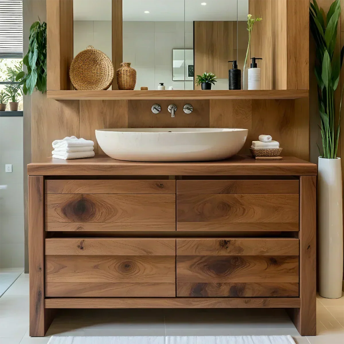 Modern Natural Solid Wood Vanity with Wide Grain Drawers - Rustiracraft 