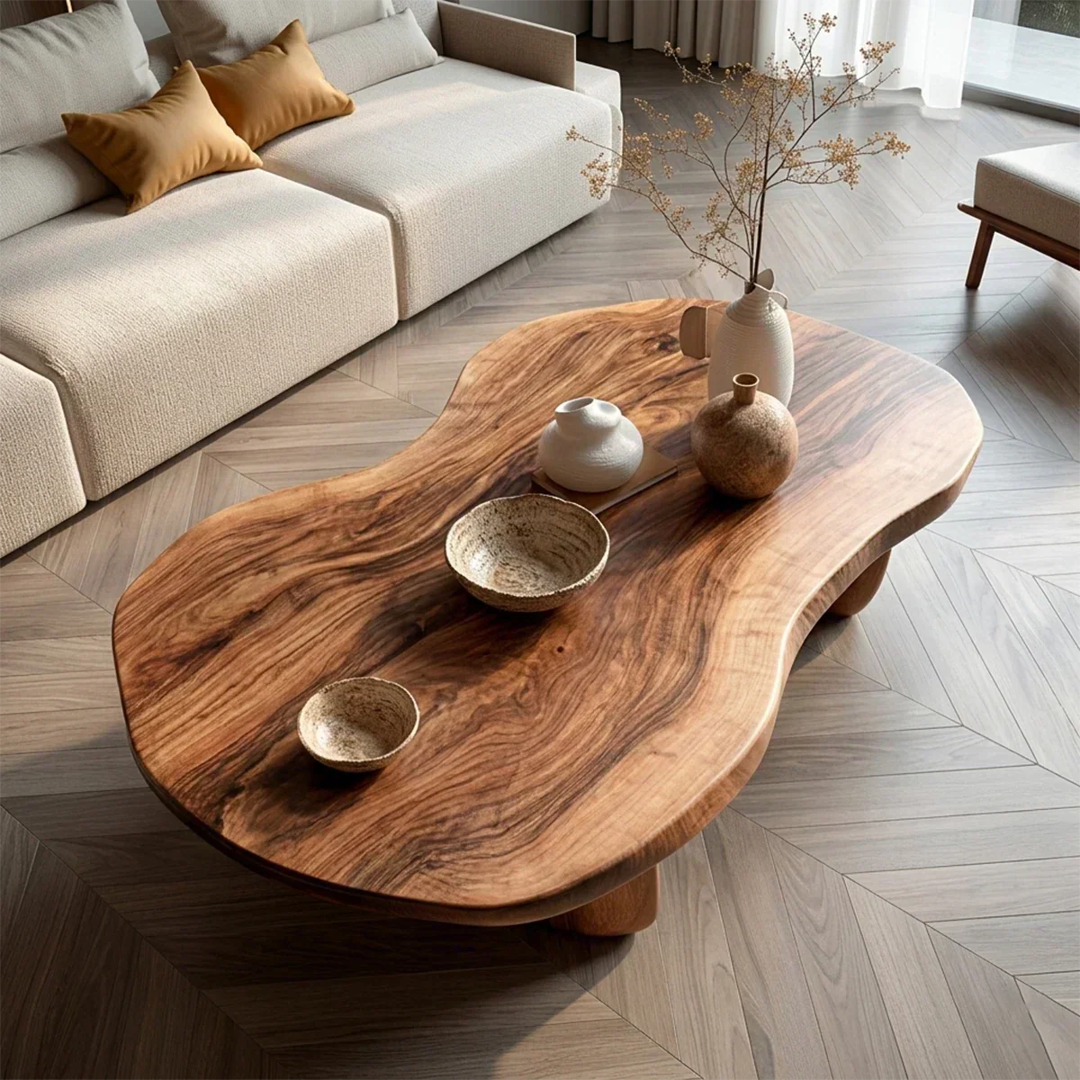 Modern Organic Natural Solid Wood Coffee Table with Rounded Base - Rustiracraft 
