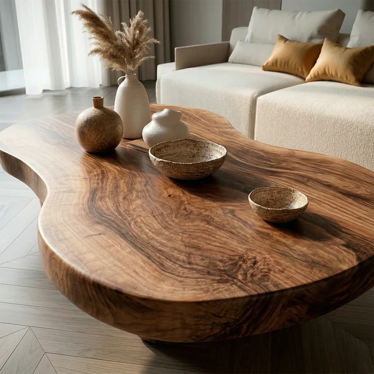 Modern Organic Natural Solid Wood Coffee Table with Rounded Base - Rustiracraft 