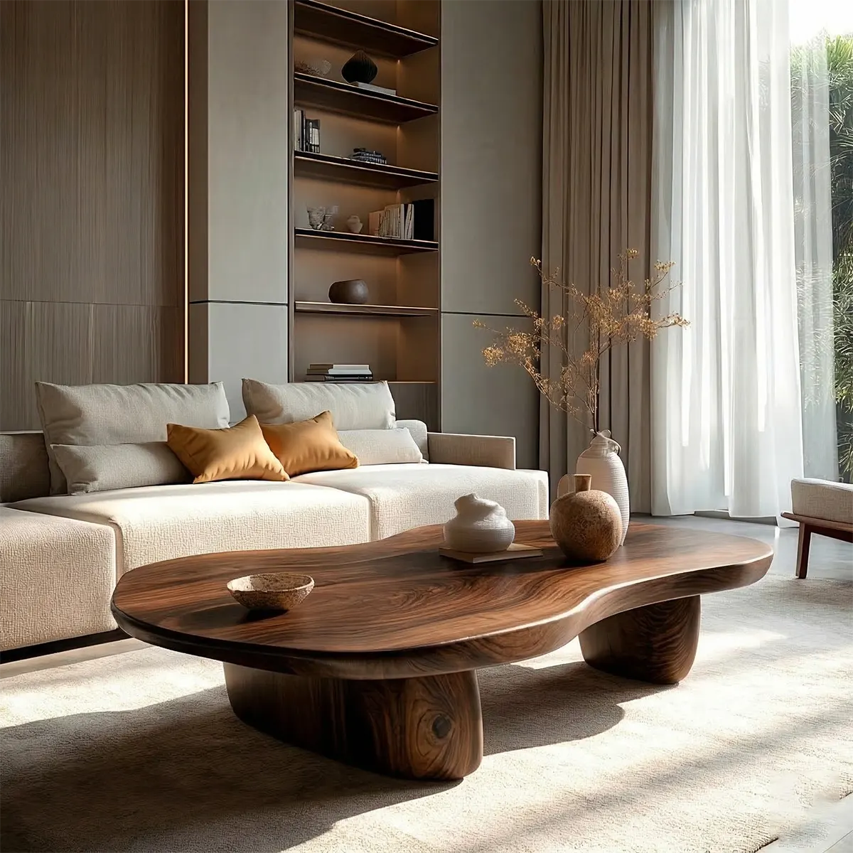 Modern Organic Natural Solid Wood Coffee Table with Rounded Base - Rustiracraft 