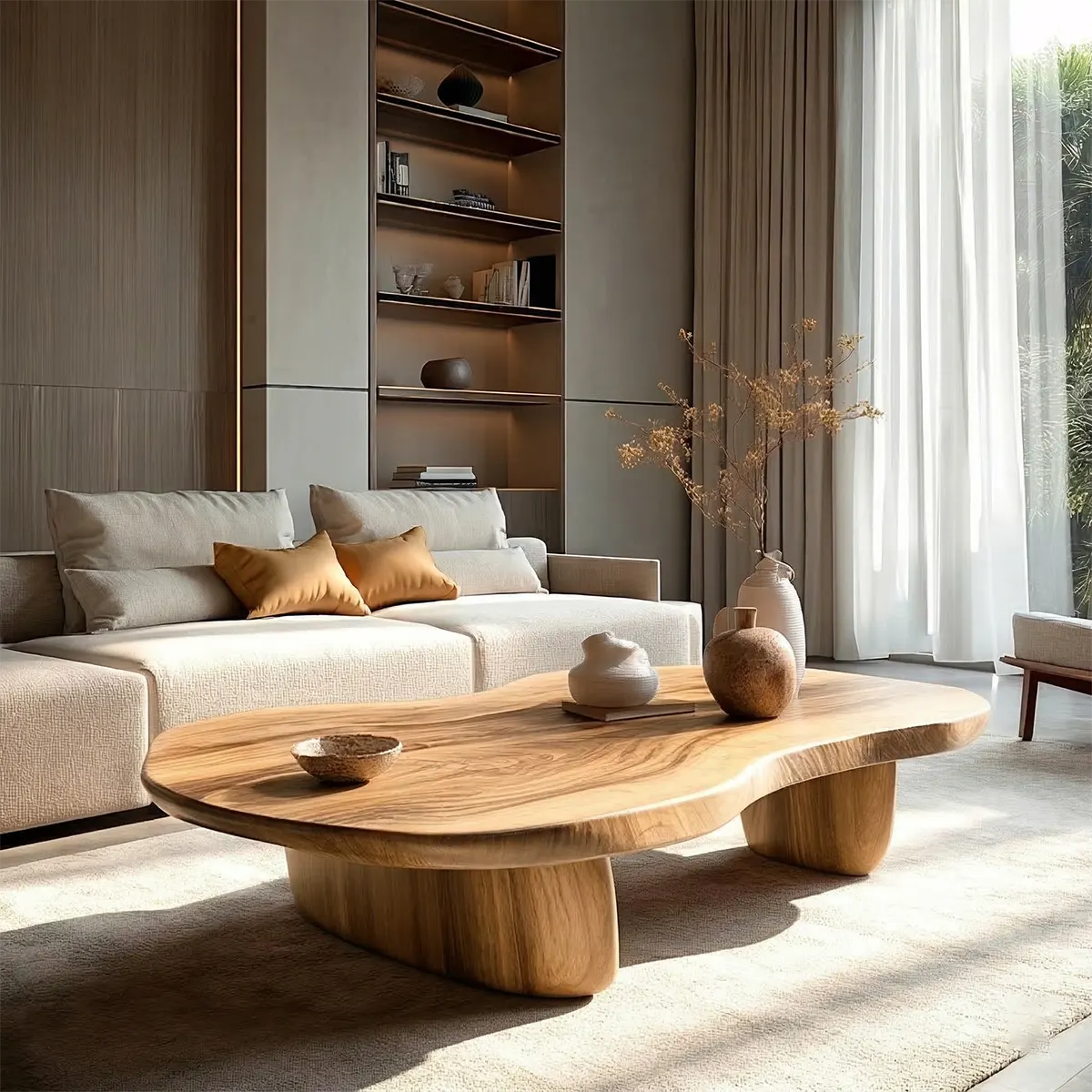 Modern Organic Natural Solid Wood Coffee Table with Rounded Base - Rustiracraft 