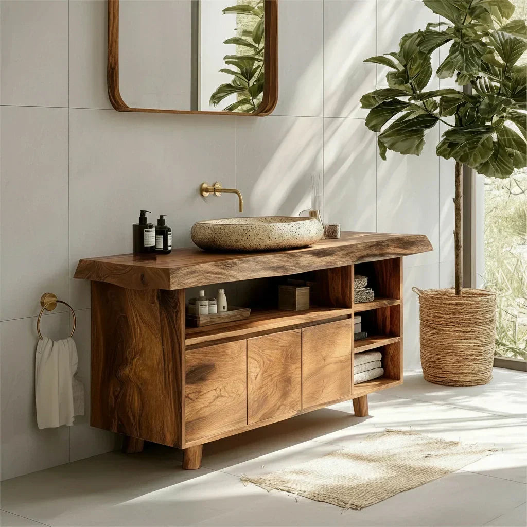 Modern Solid Wood Bathroom Vanity with Live Edge Counter & Storage - Rustiracraft 