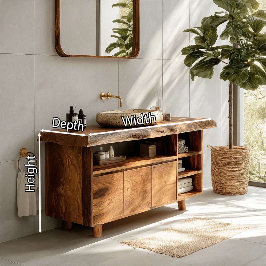 Modern Solid Wood Bathroom Vanity with Live Edge Counter & Storage - Rustiracraft 