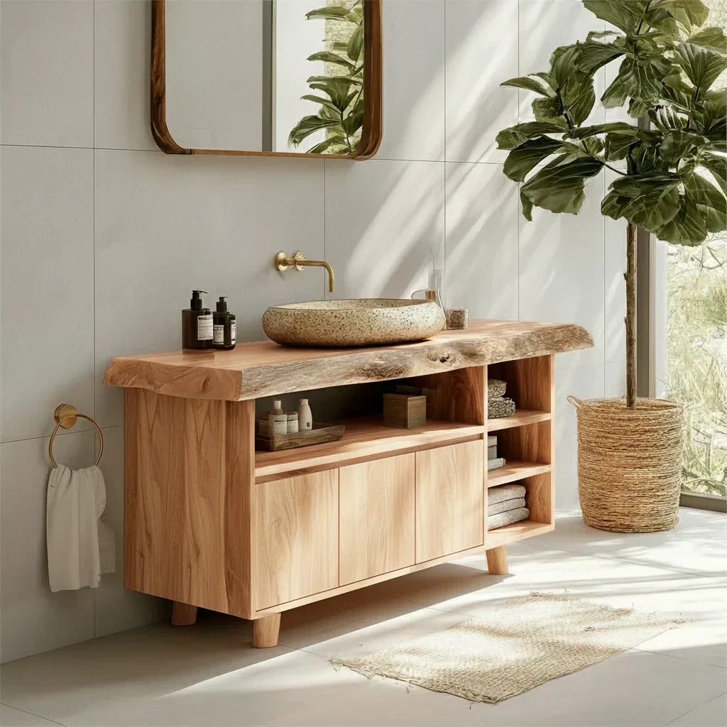 Modern Solid Wood Bathroom Vanity with Live Edge Counter & Storage - Rustiracraft 