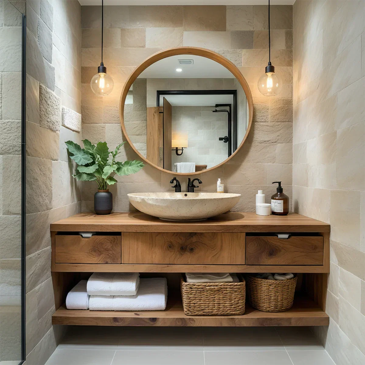 Modern Solid Wood Bathroom Vanity with Storage Shelf - Rustiracraft 