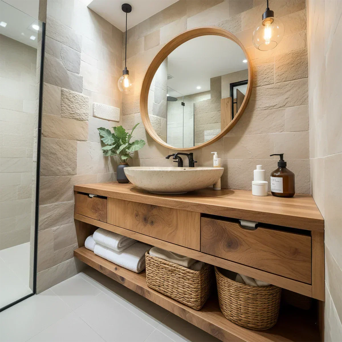 Modern Solid Wood Bathroom Vanity with Storage Shelf - Rustiracraft 