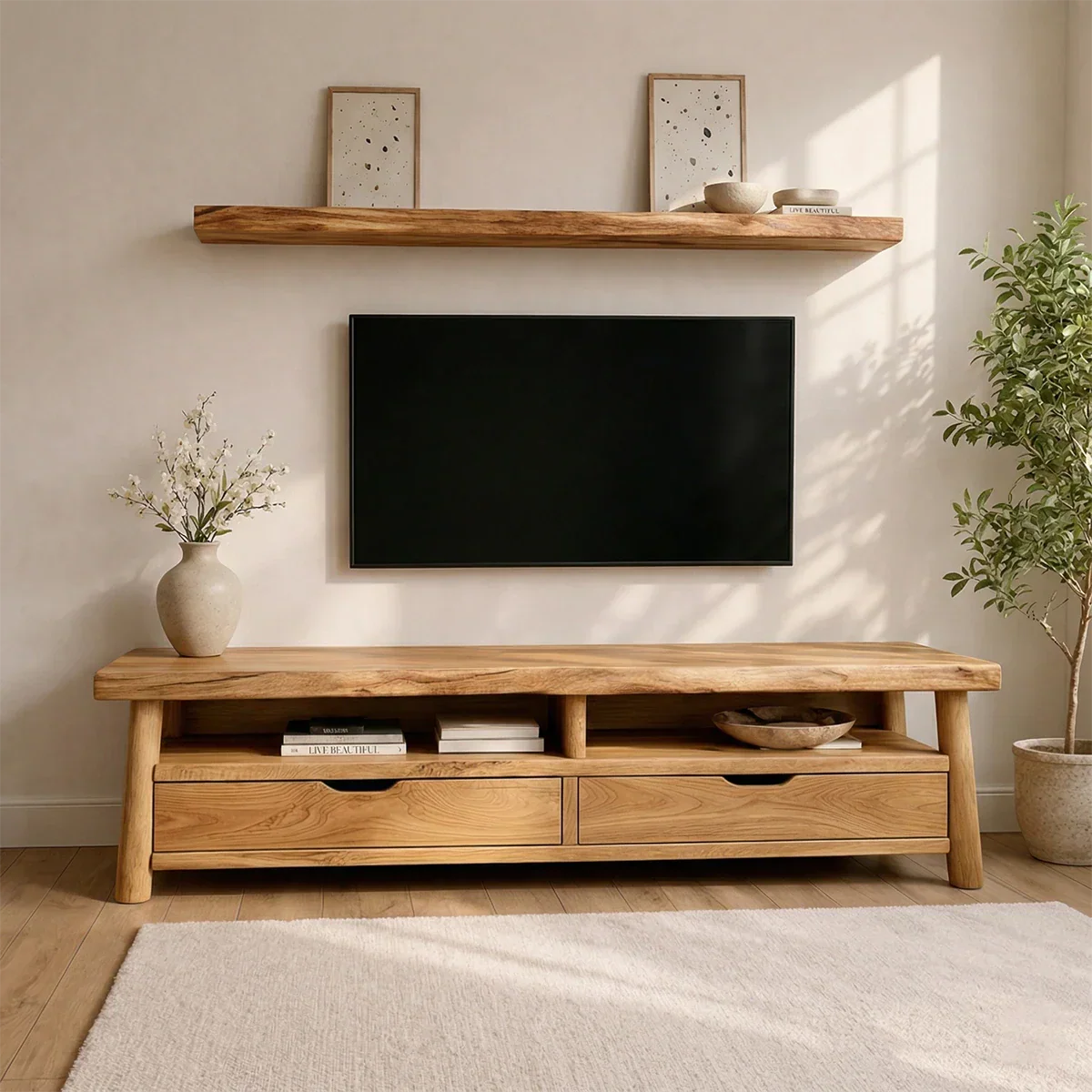 Modern Solid Wood TV Stand with Drawers and Open Shelf Storage - Rustiracraft 
