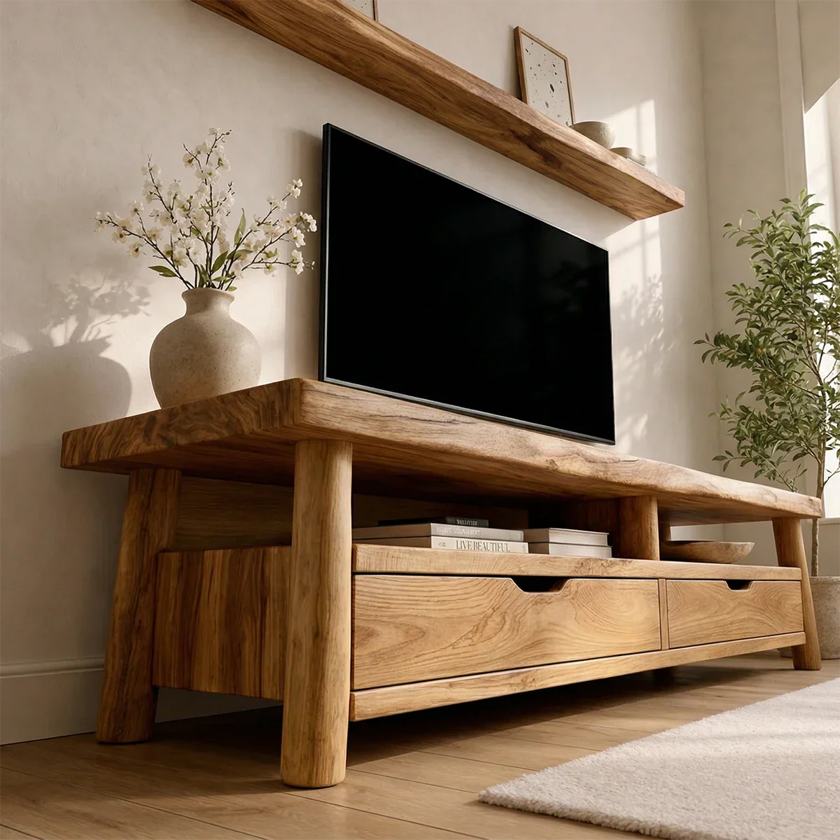 Modern Solid Wood TV Stand with Drawers and Open Shelf Storage - Rustiracraft 