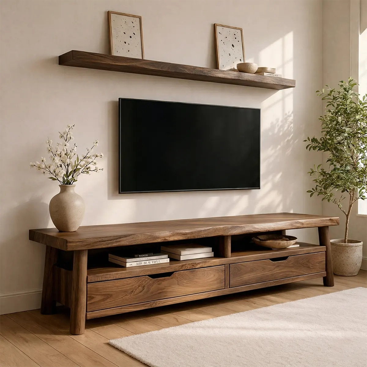 Modern Solid Wood TV Stand with Drawers and Open Shelf Storage - Rustiracraft 