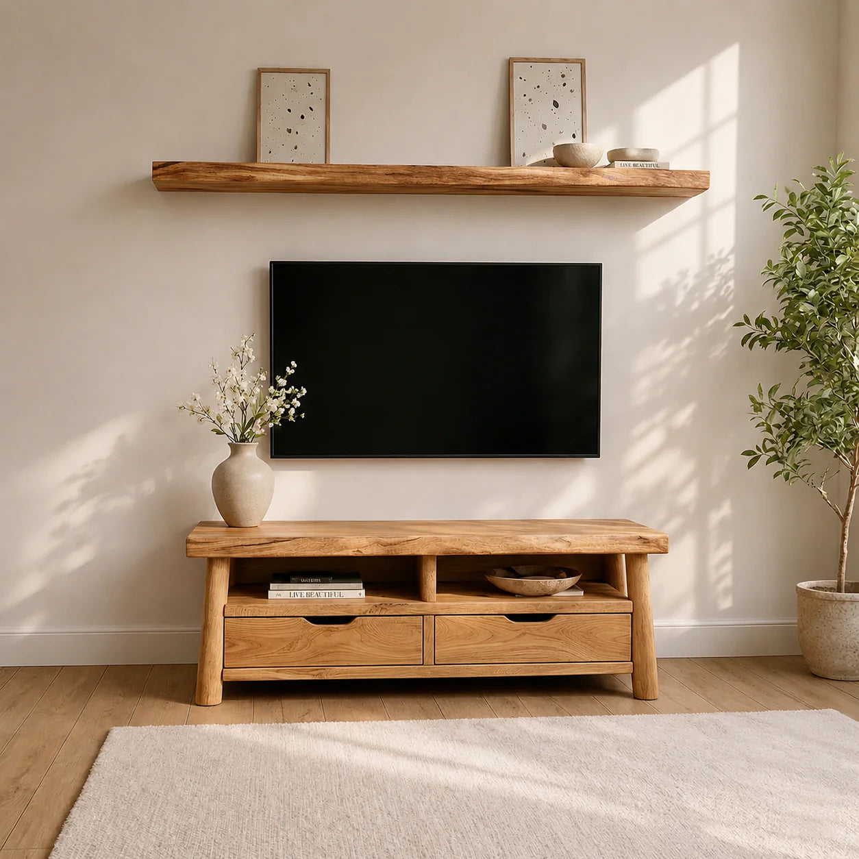 Modern Solid Wood TV Stand with Drawers and Open Shelf Storage - Rustiracraft