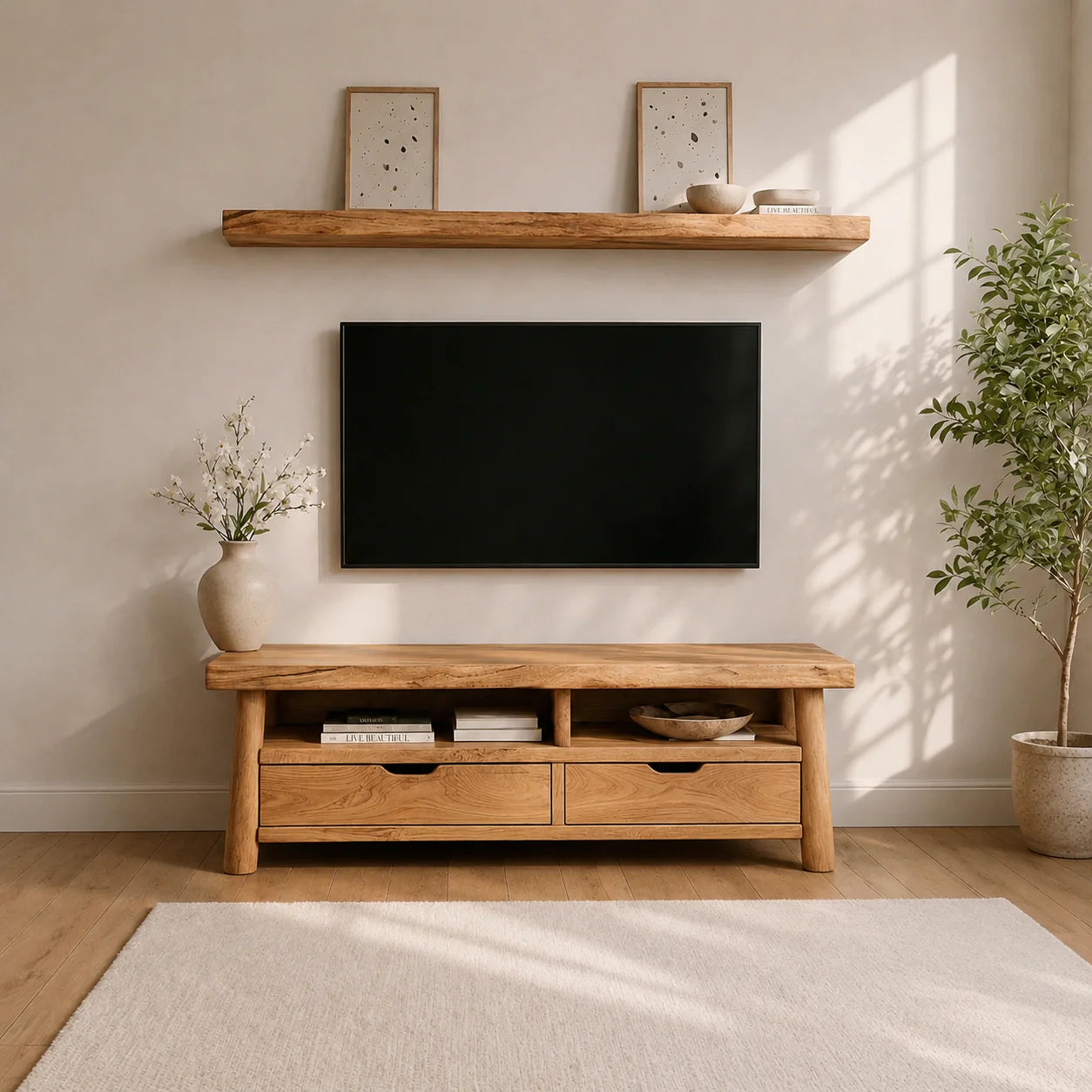 Modern Solid Wood TV Stand with Drawers and Open Shelf Storage - Rustiracraft