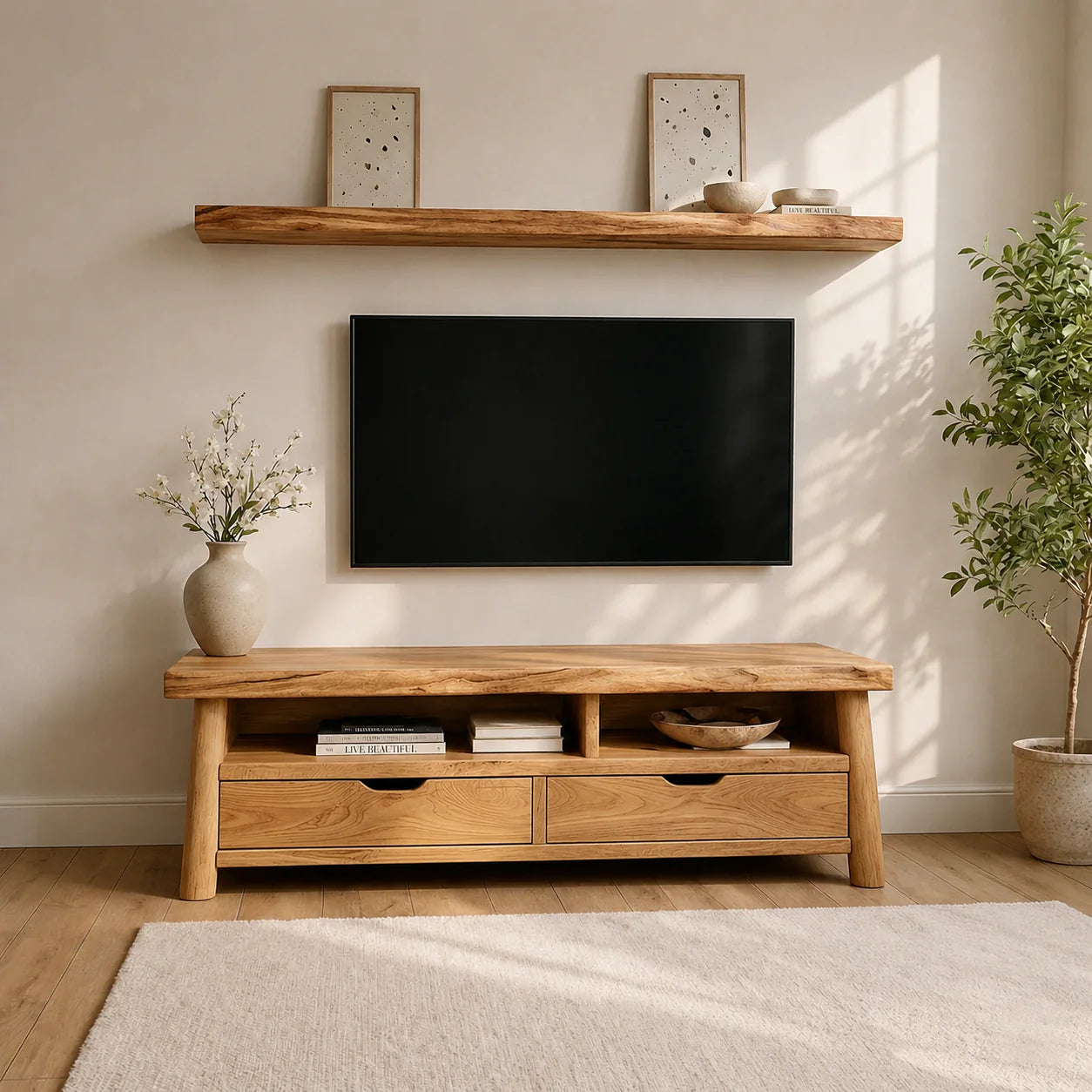 Modern Solid Wood TV Stand with Drawers and Open Shelf Storage - Rustiracraft