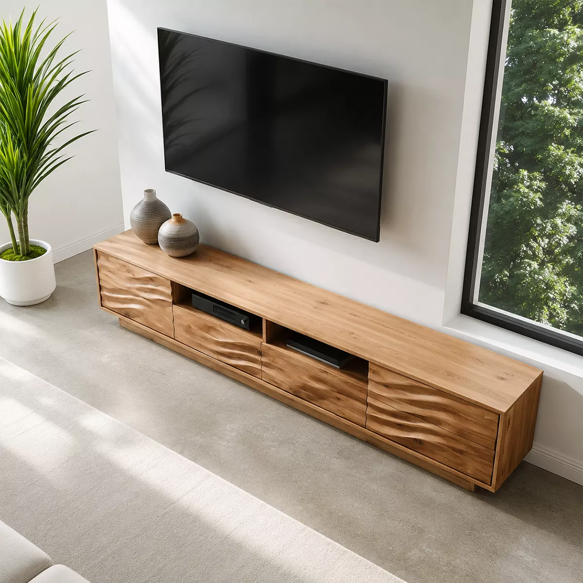 Modern TV Stand with Four Sculptural Wave Drawer Fronts and Niches - Rustiracraft