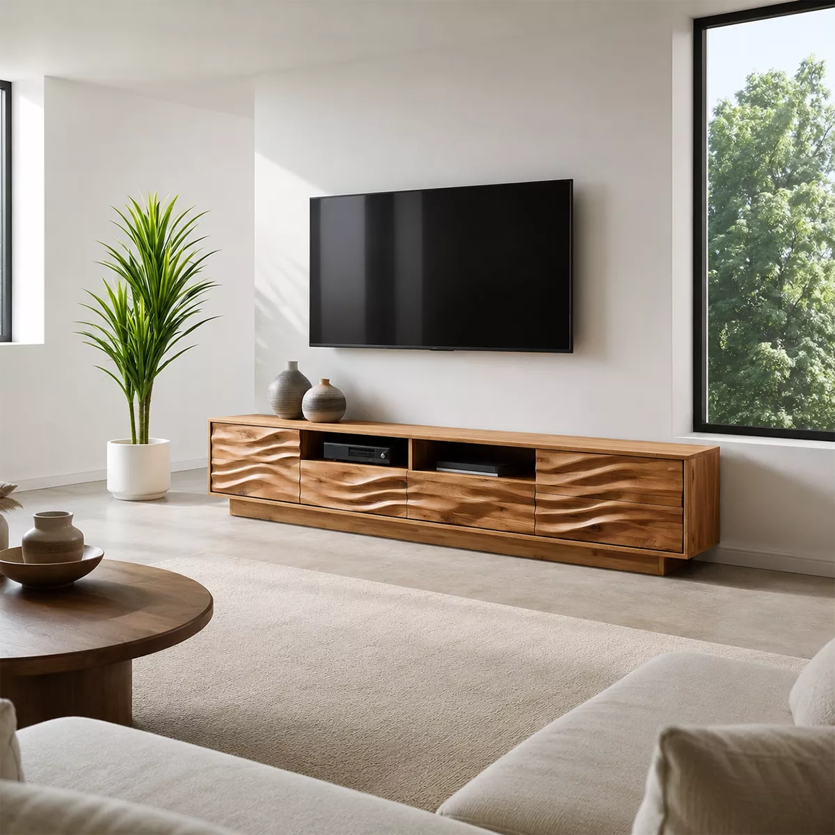 Modern TV Stand with Four Sculptural Wave Drawer Fronts and Niches - Rustiracraft