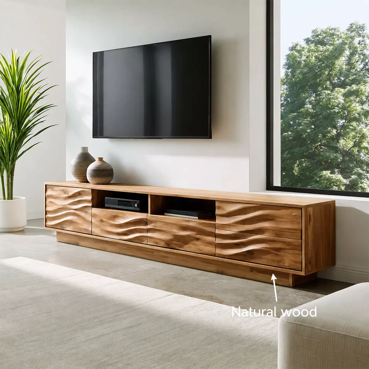 Modern TV Stand with Four Sculptural Wave Drawer Fronts and Niches - Rustiracraft