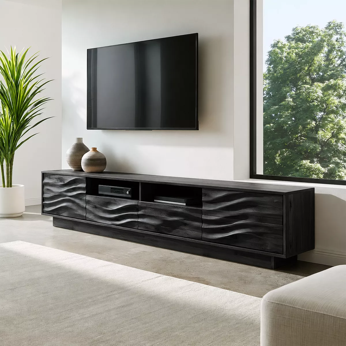 Modern TV Stand with Four Sculptural Wave Drawer Fronts and Niches - Rustiracraft