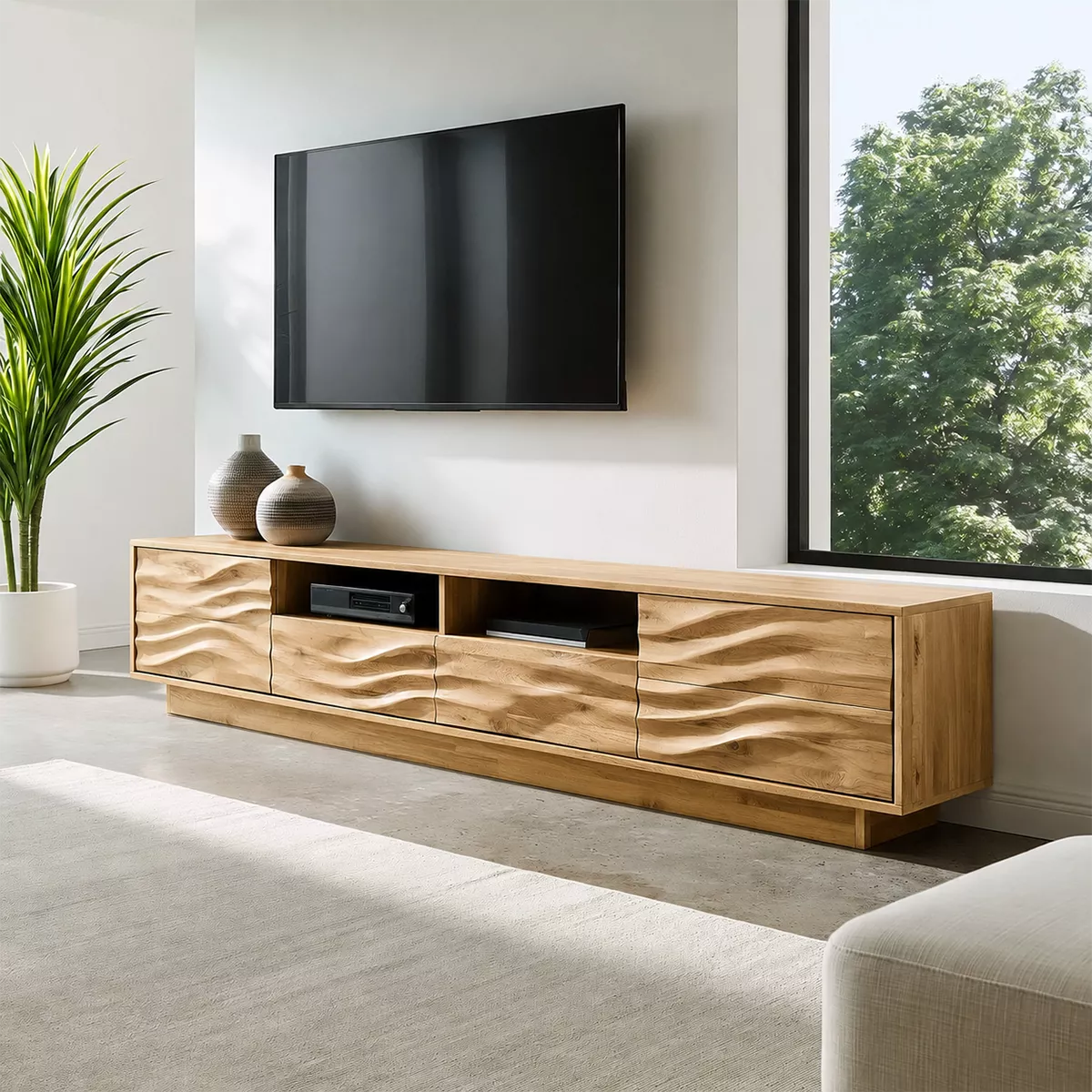 Modern TV Stand with Four Sculptural Wave Drawer Fronts and Niches - Rustiracraft