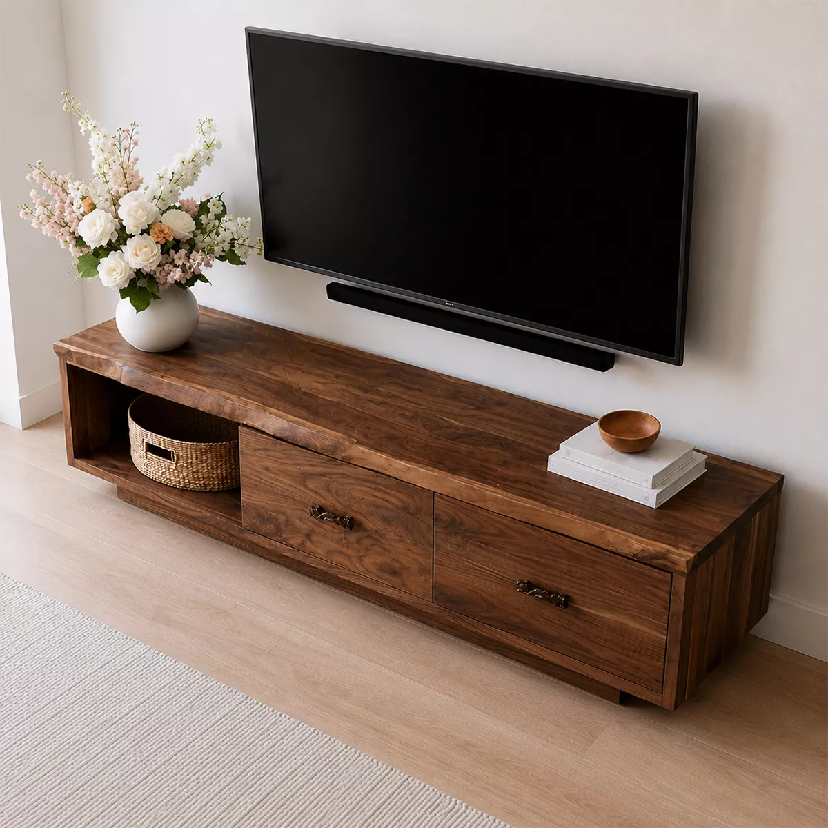 Modern TV Stand with Open Storage Nook and Two Drawers with Metal Handles - Rustiracraft