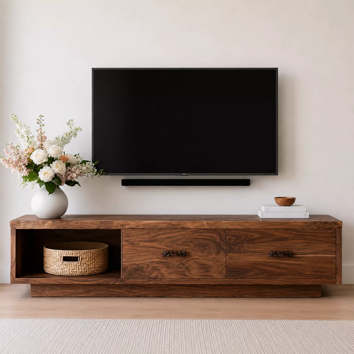 Modern TV Stand with Open Storage Nook and Two Drawers with Metal Handles - Rustiracraft