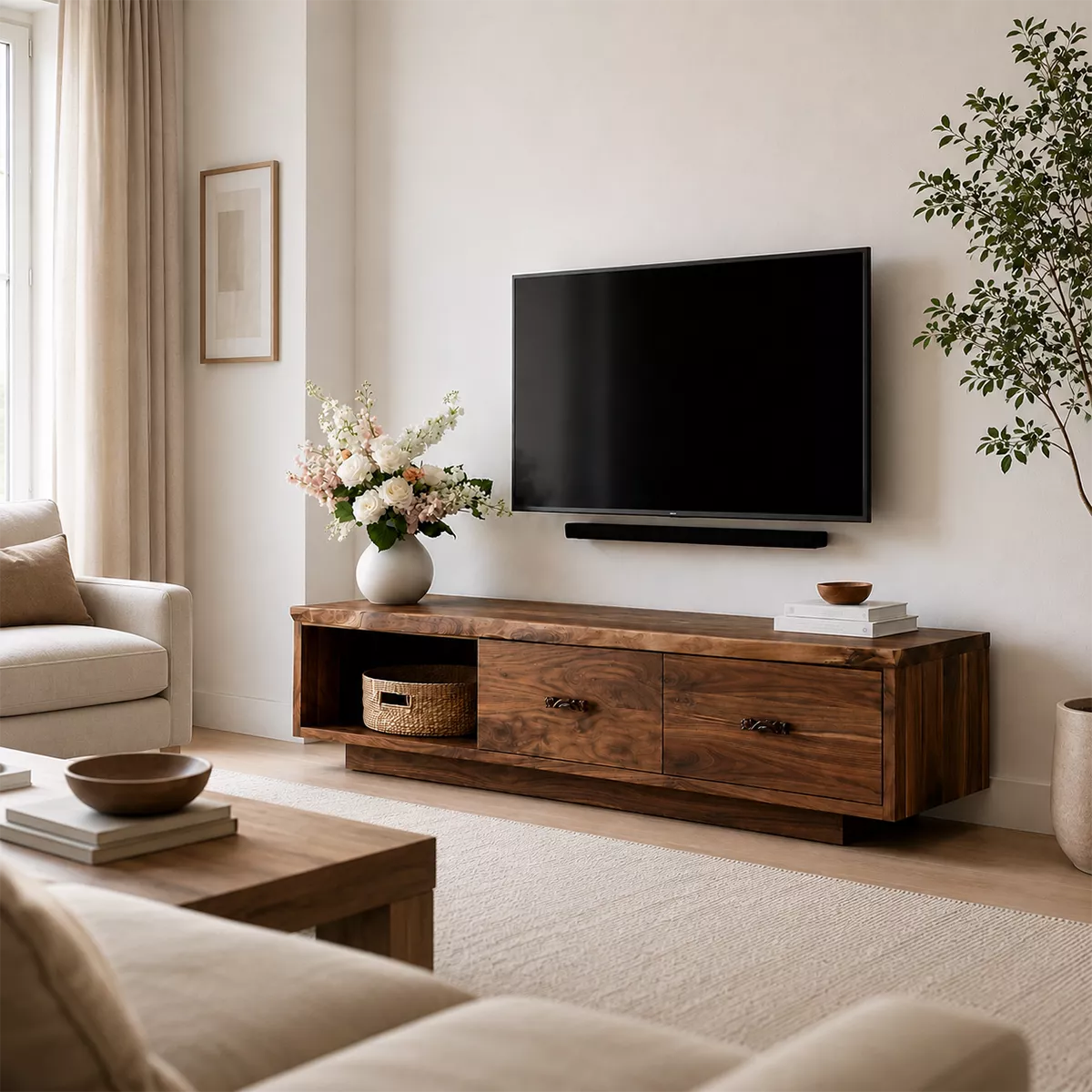 Modern TV Stand with Open Storage Nook and Two Drawers with Metal Handles - Rustiracraft