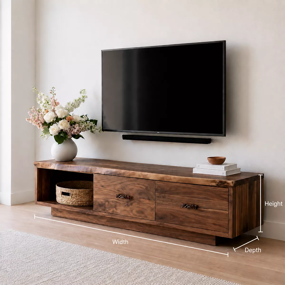 Modern TV Stand with Open Storage Nook and Two Drawers with Metal Handles - Rustiracraft