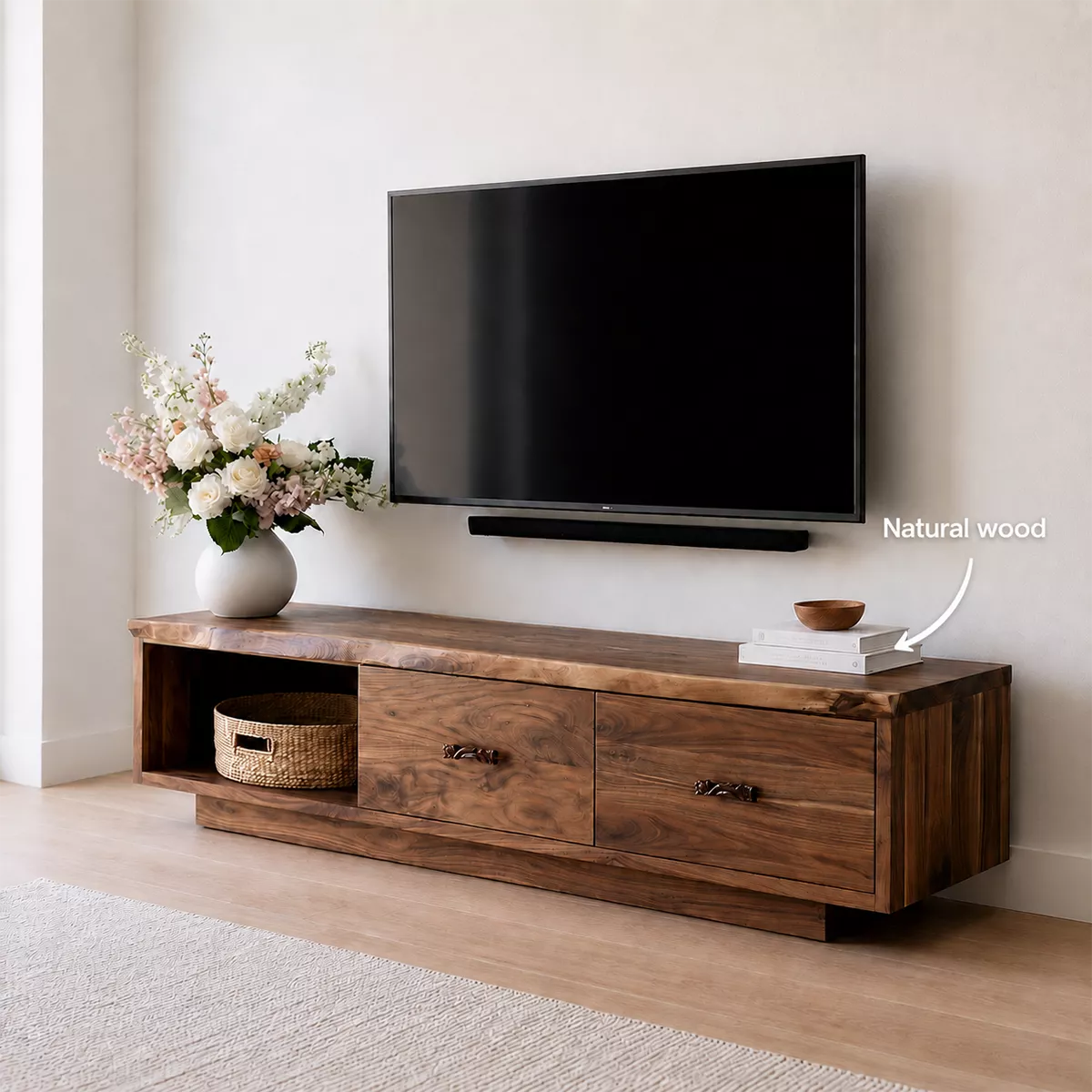 Modern TV Stand with Open Storage Nook and Two Drawers with Metal Handles - Rustiracraft