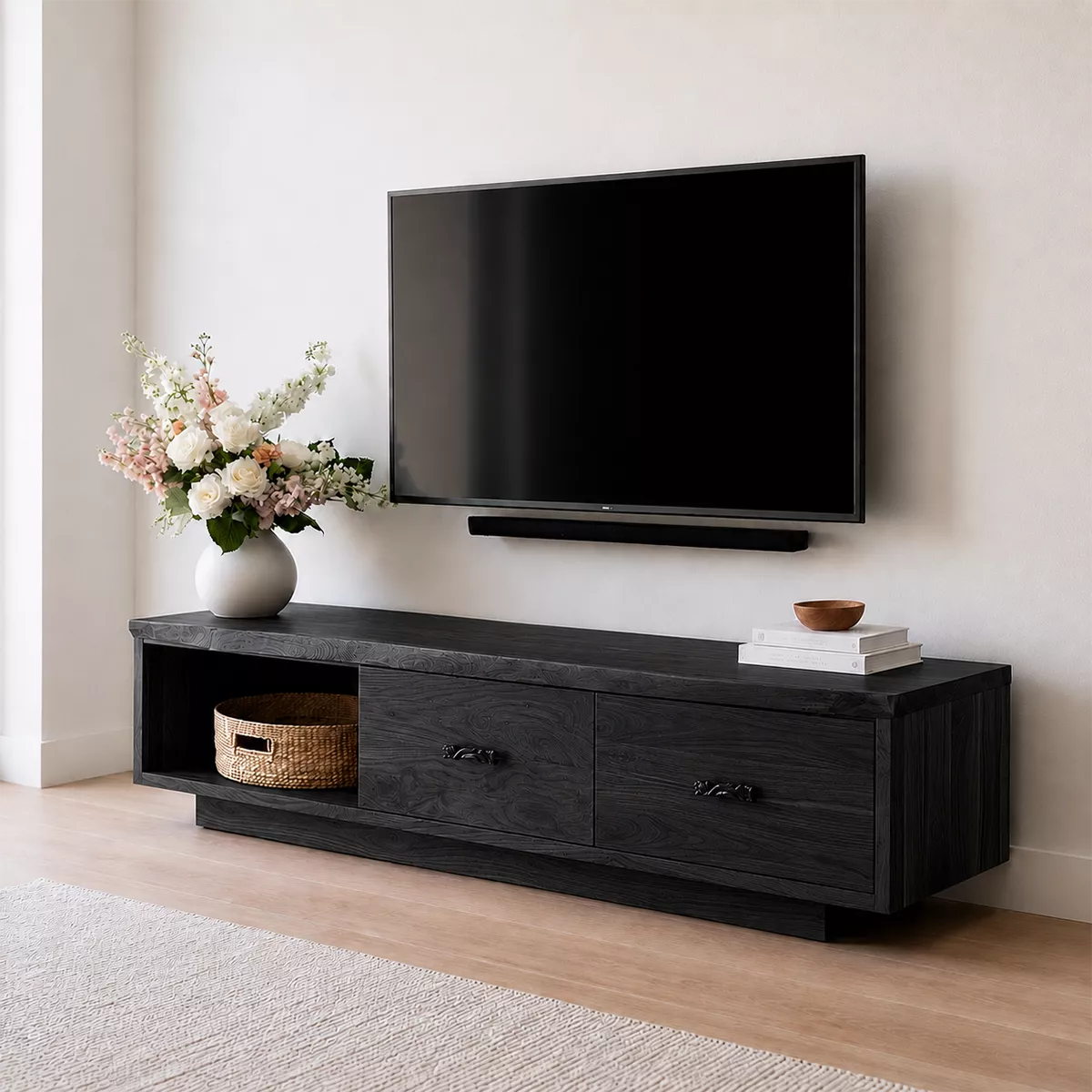Modern TV Stand with Open Storage Nook and Two Drawers with Metal Handles - Rustiracraft