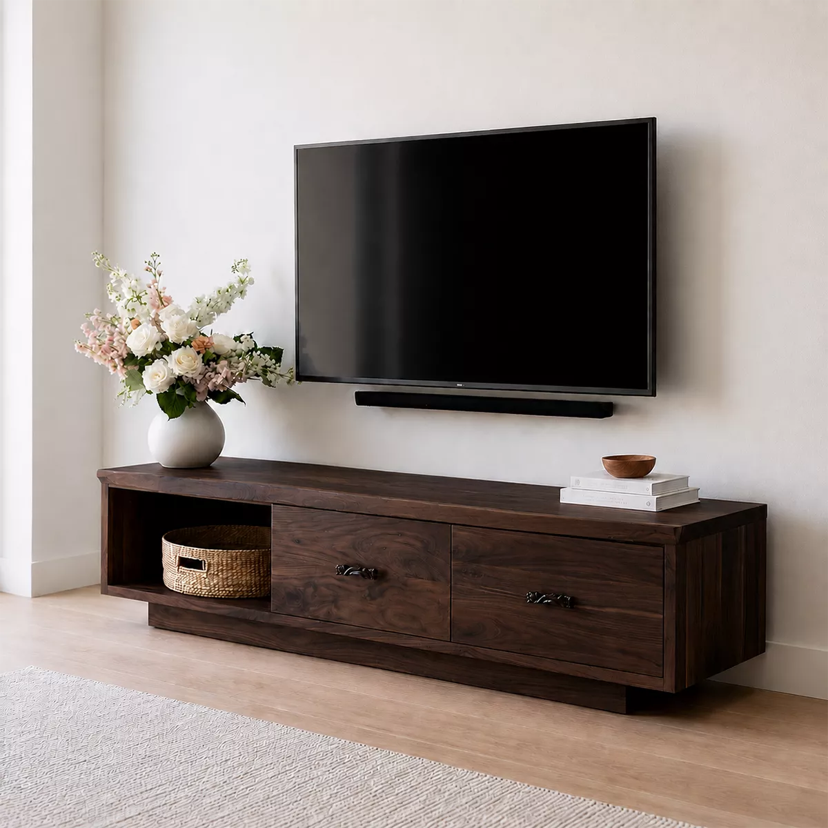 Modern TV Stand with Open Storage Nook and Two Drawers with Metal Handles - Rustiracraft
