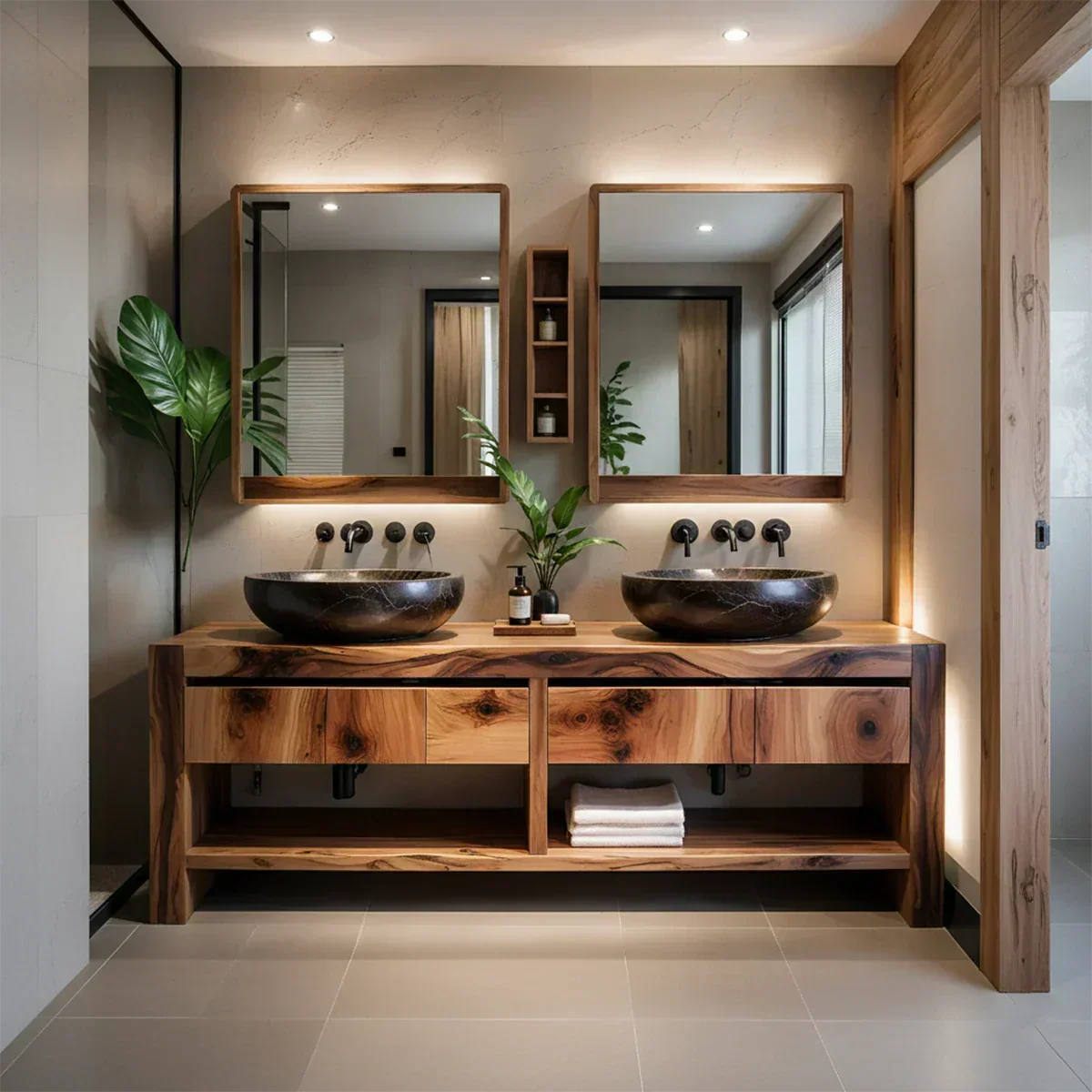 Modern Twin-Basin Natural Solid Wood Bathroom Vanity - Rustiracraft 