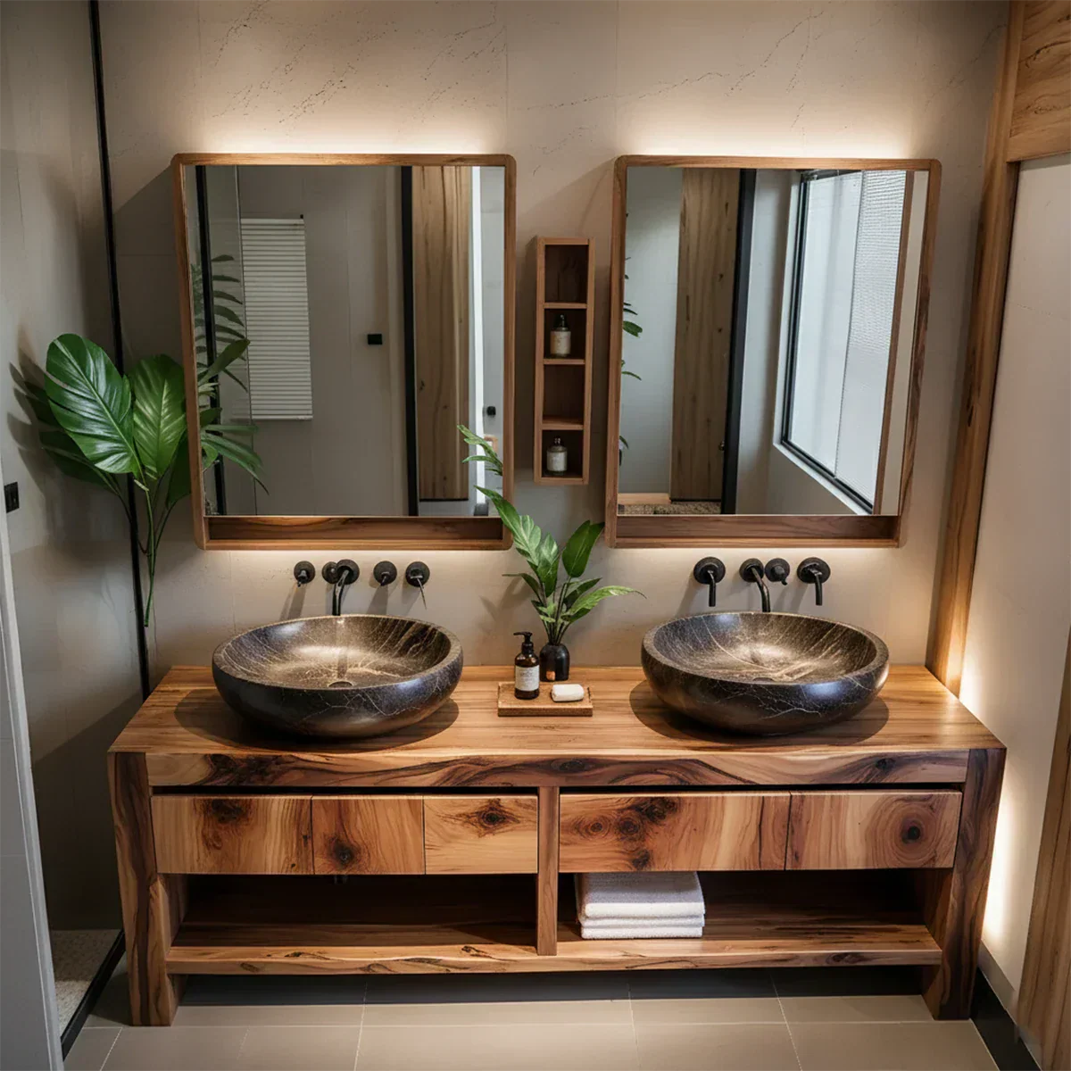 Modern Twin-Basin Natural Solid Wood Bathroom Vanity - Rustiracraft 