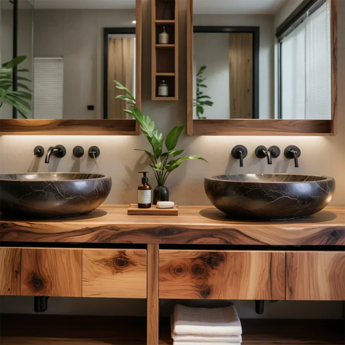 Modern Twin-Basin Natural Solid Wood Bathroom Vanity - Rustiracraft 
