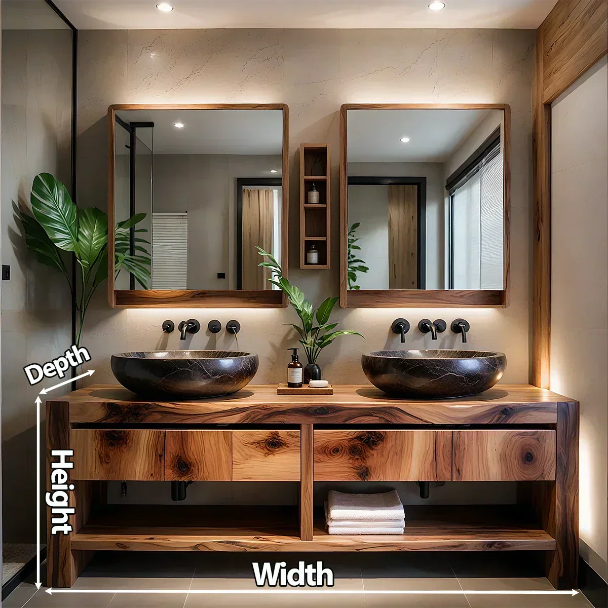 Modern Twin-Basin Natural Solid Wood Bathroom Vanity - Rustiracraft 