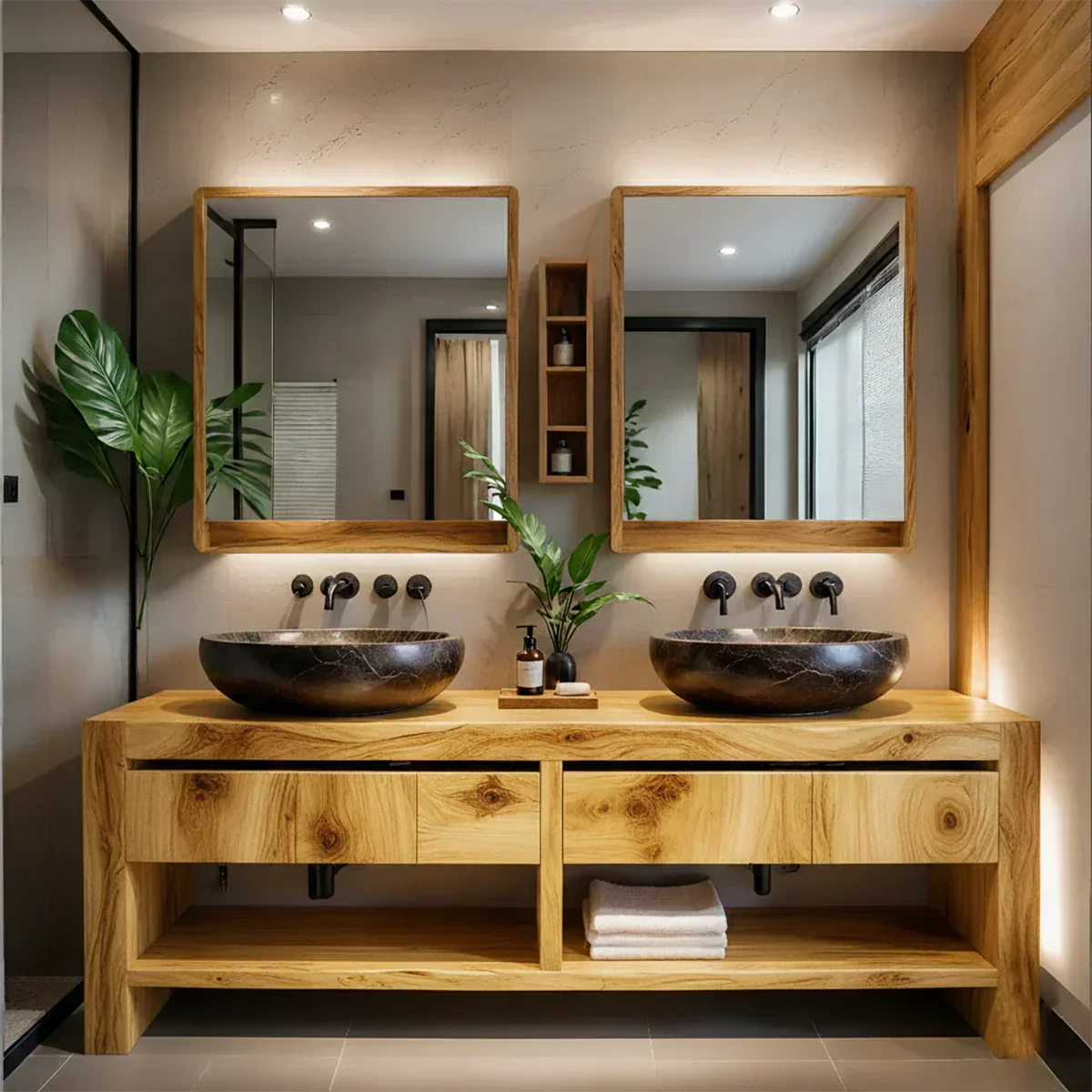 Modern Twin-Basin Natural Solid Wood Bathroom Vanity - Rustiracraft 