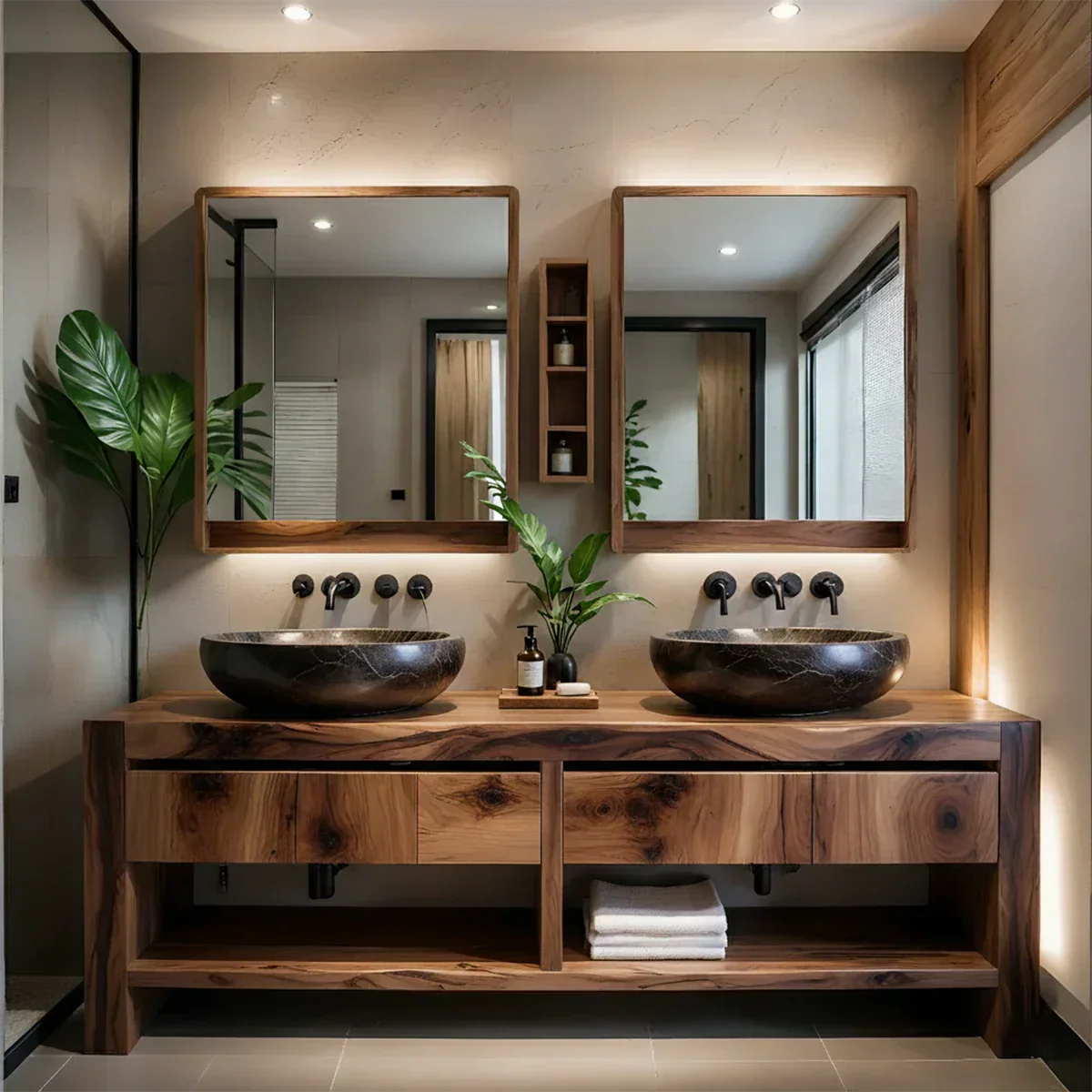 Modern Twin-Basin Natural Solid Wood Bathroom Vanity - Rustiracraft 