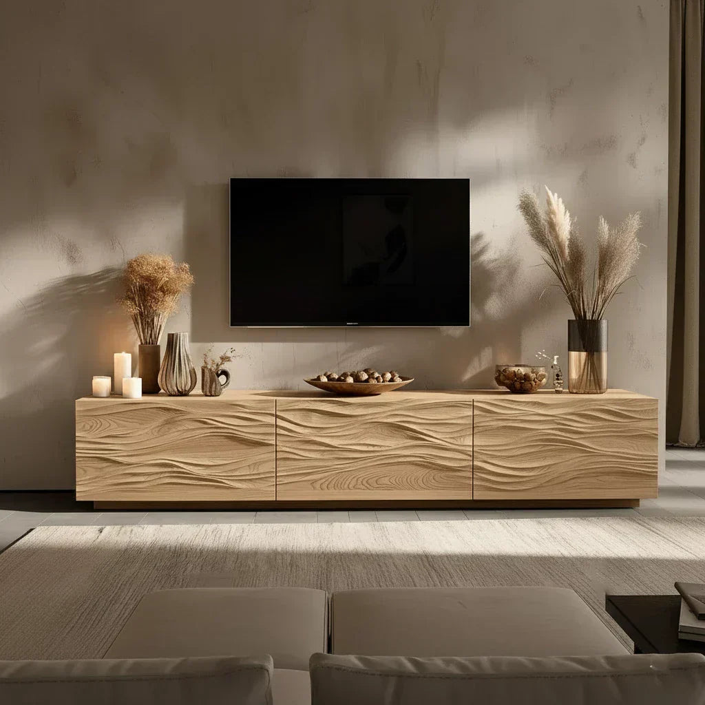 Modern Wavy Solid Wood TV Stand – Sculpted Minimalist Media Console - Rustiracraft 