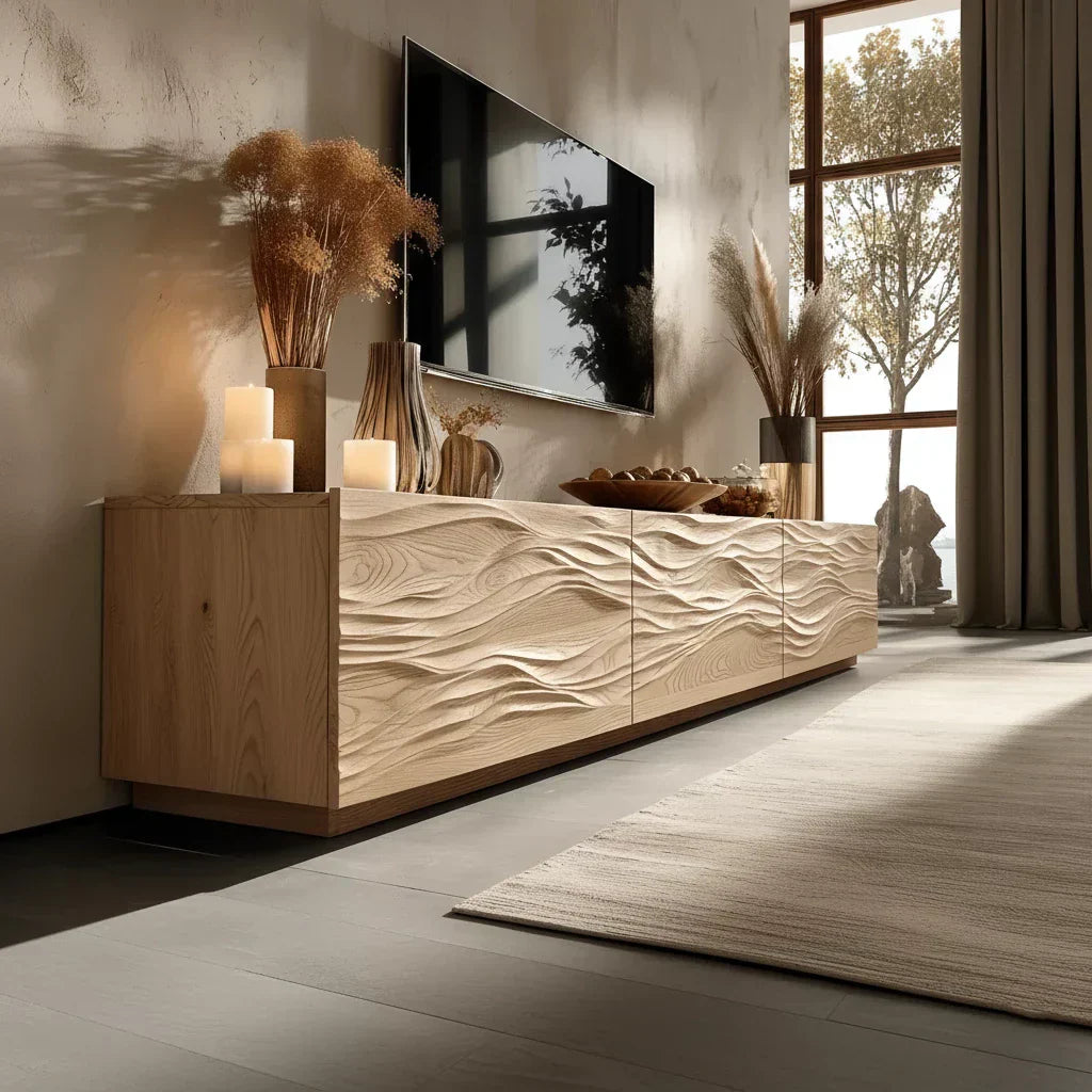 Modern Wavy Solid Wood TV Stand – Sculpted Minimalist Media Console - Rustiracraft 