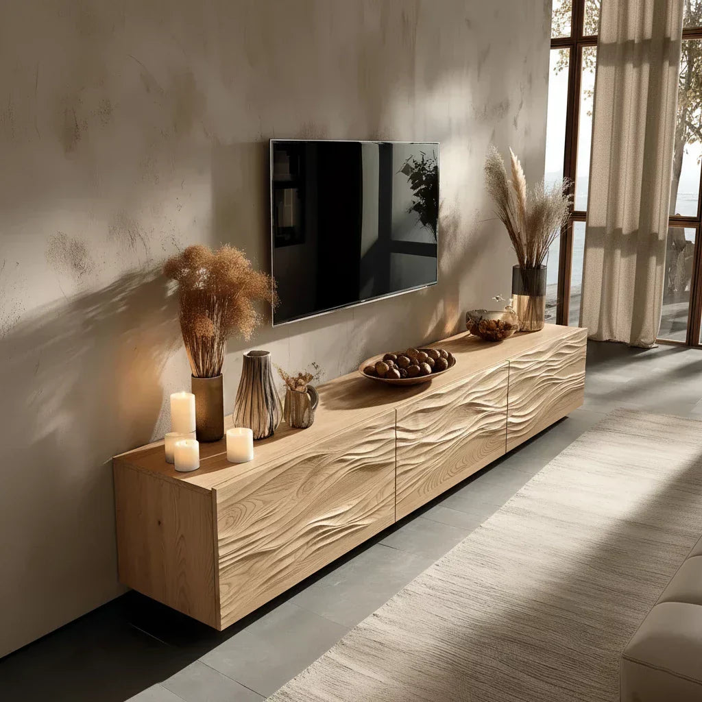Modern Wavy Solid Wood TV Stand – Sculpted Minimalist Media Console - Rustiracraft 