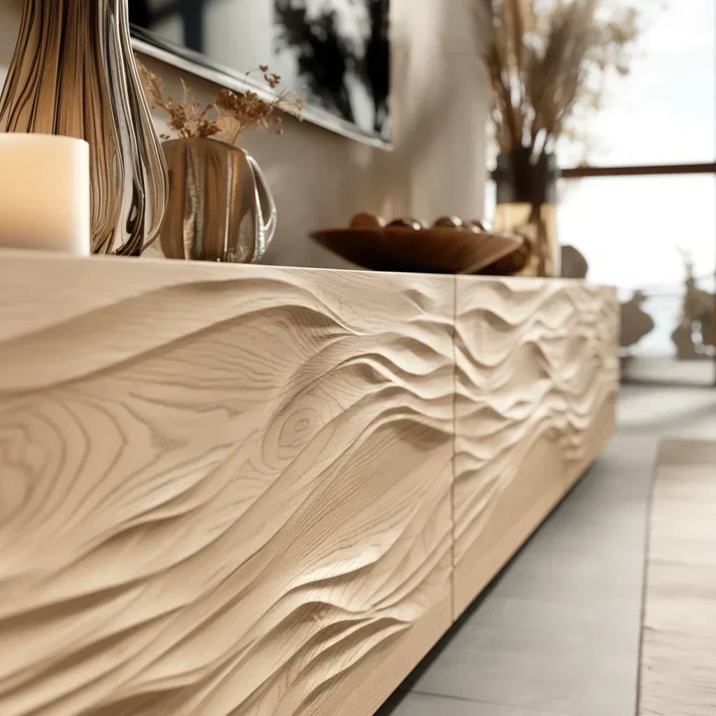 Modern Wavy Solid Wood TV Stand – Sculpted Minimalist Media Console - Rustiracraft 