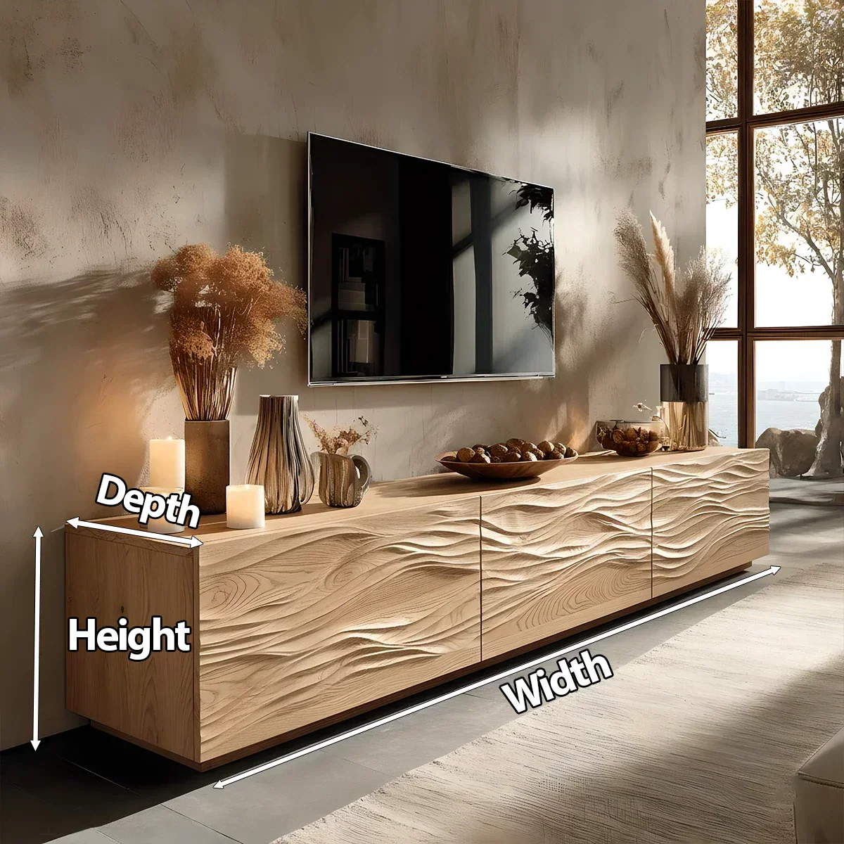 Modern Wavy Solid Wood TV Stand – Sculpted Minimalist Media Console - Rustiracraft 