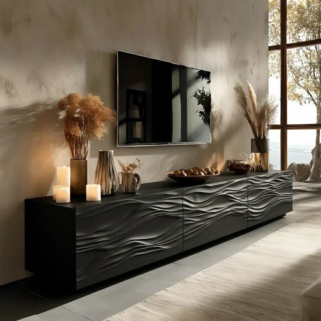 Modern Wavy Solid Wood TV Stand – Sculpted Minimalist Media Console - Rustiracraft 