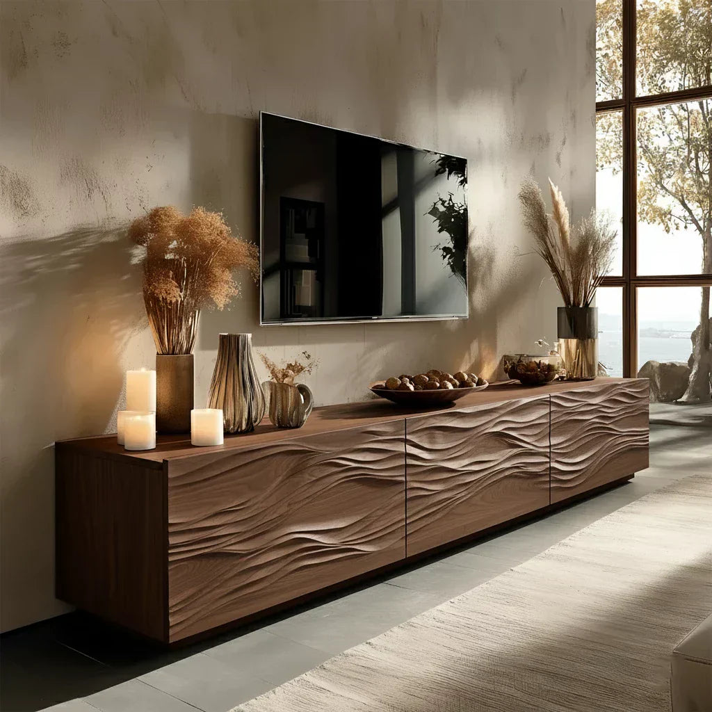 Modern Wavy Solid Wood TV Stand – Sculpted Minimalist Media Console - Rustiracraft 