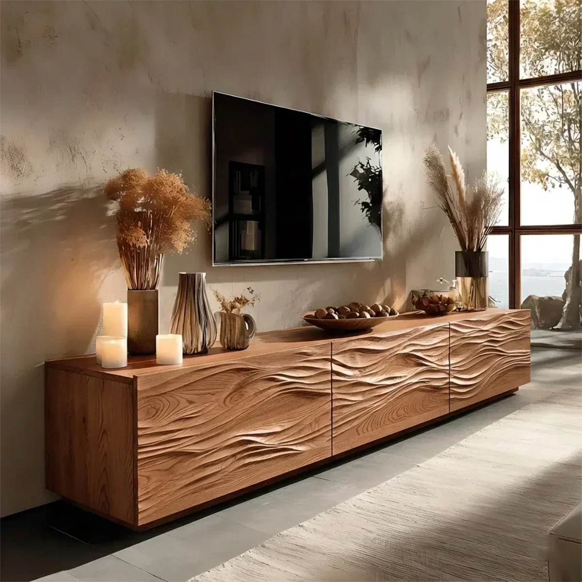 Modern Wavy Solid Wood TV Stand – Sculpted Minimalist Media Console - Rustiracraft 