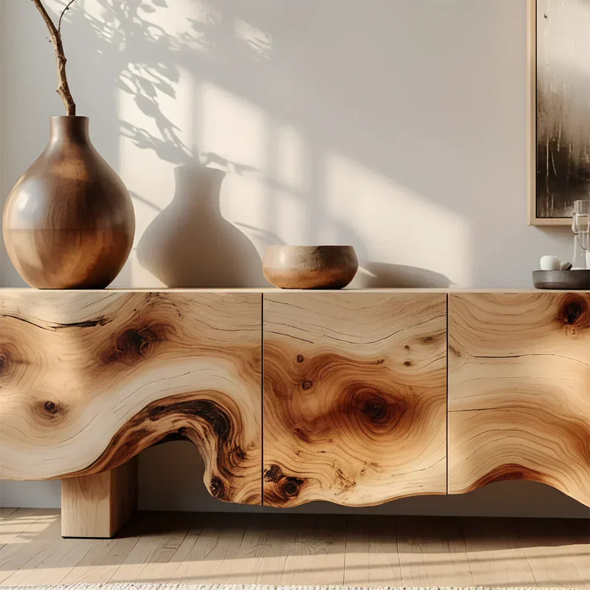 Natural Burl Flow Solid Wood TV Console – Wabi Sabi Organic Design - Rustiracraft 
