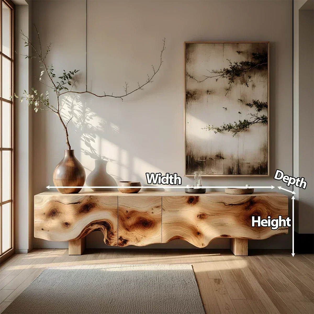 Natural Burl Flow Solid Wood TV Console – Wabi Sabi Organic Design - Rustiracraft