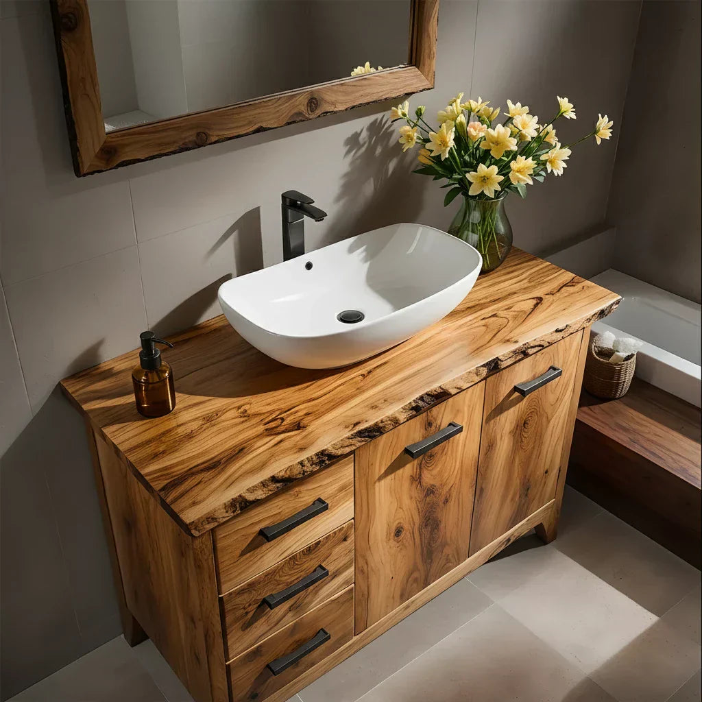 Natural Solid Wood Bathroom Vanity – Rustic Natural Edge Style - Rustiracraft 
